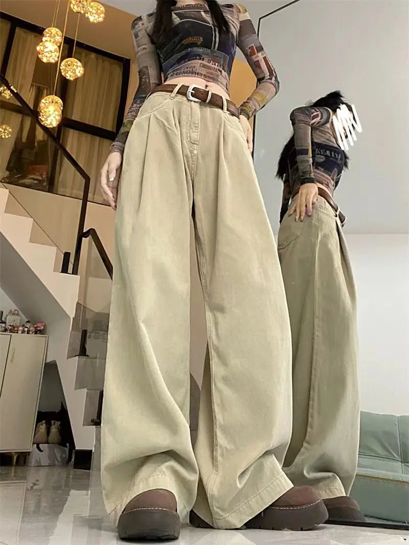 lovwvol Vintage Women Jeans Y2k High Waist Loose Casual Wide Leg Pants Khaki Korean Streetwear Fashion Straight Denim Trousers