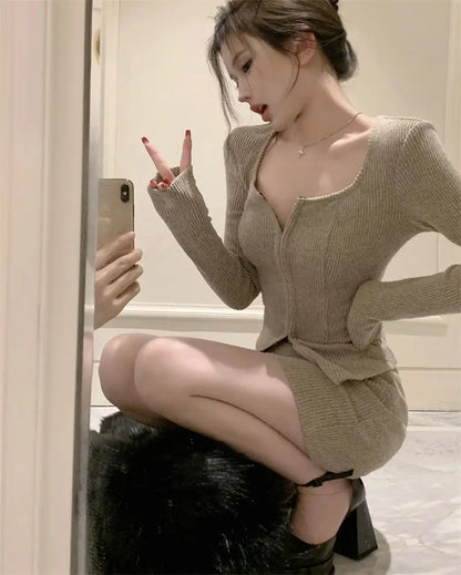 lovwvol Sexy 2 Piece Dress Set Elegan Casual Long Sleeve Knitted Suits Y2k Crop Tops + Bodycon High Waist Mini Skirt Korean  Autumn