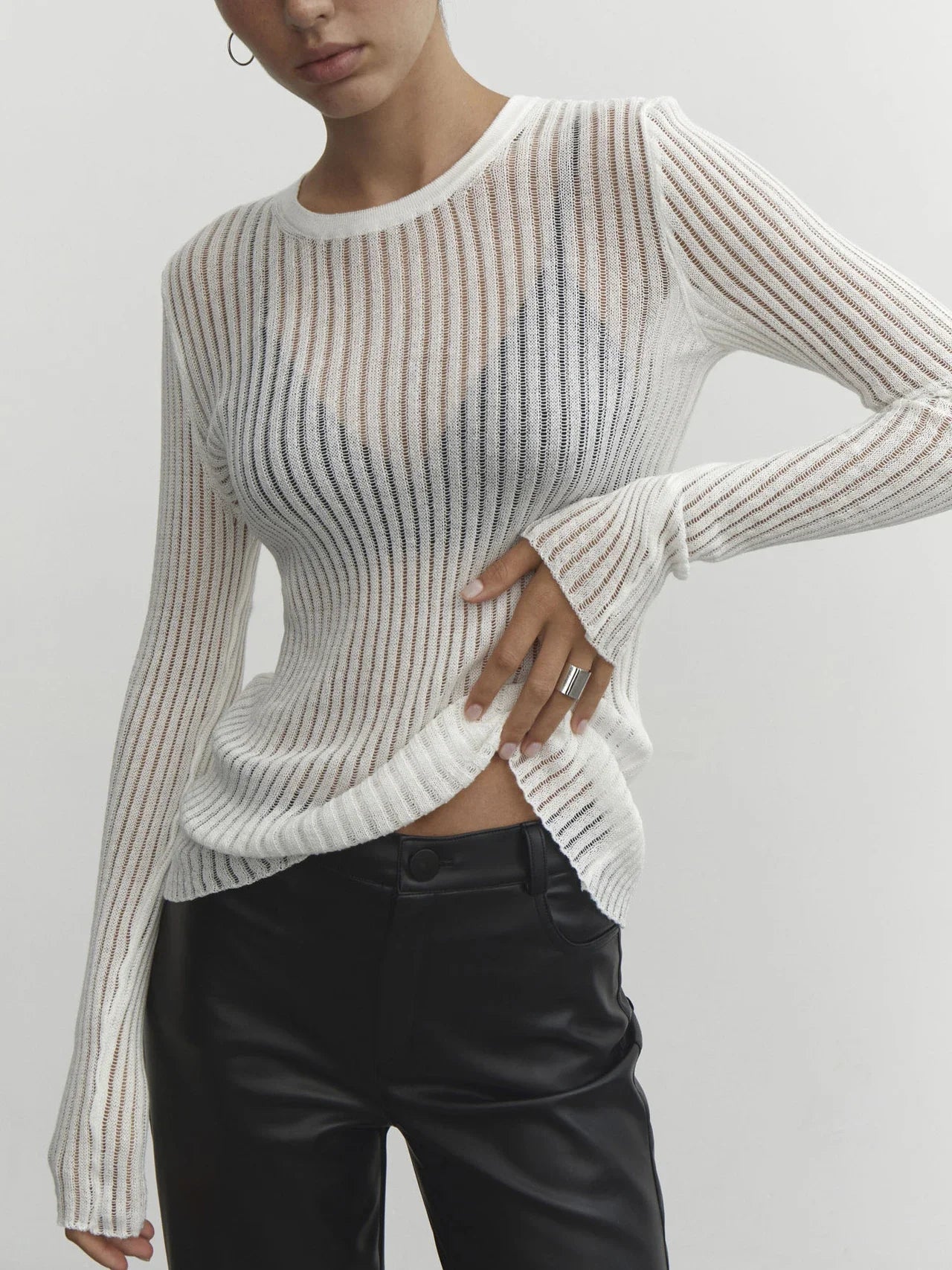 White Ribbed Knit T-Shirts Ladies See-Through Rib Sweater Tops Spring New Outfits Pullover Long Sleeve Casual Top Tees