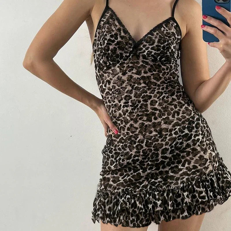 lovwvol Strap Vintage Y2K Leopard Sexy Dress Women Lace Trim Ruffles Chic Summer Party Dresses Mini 2000s Aesthetic Sundress