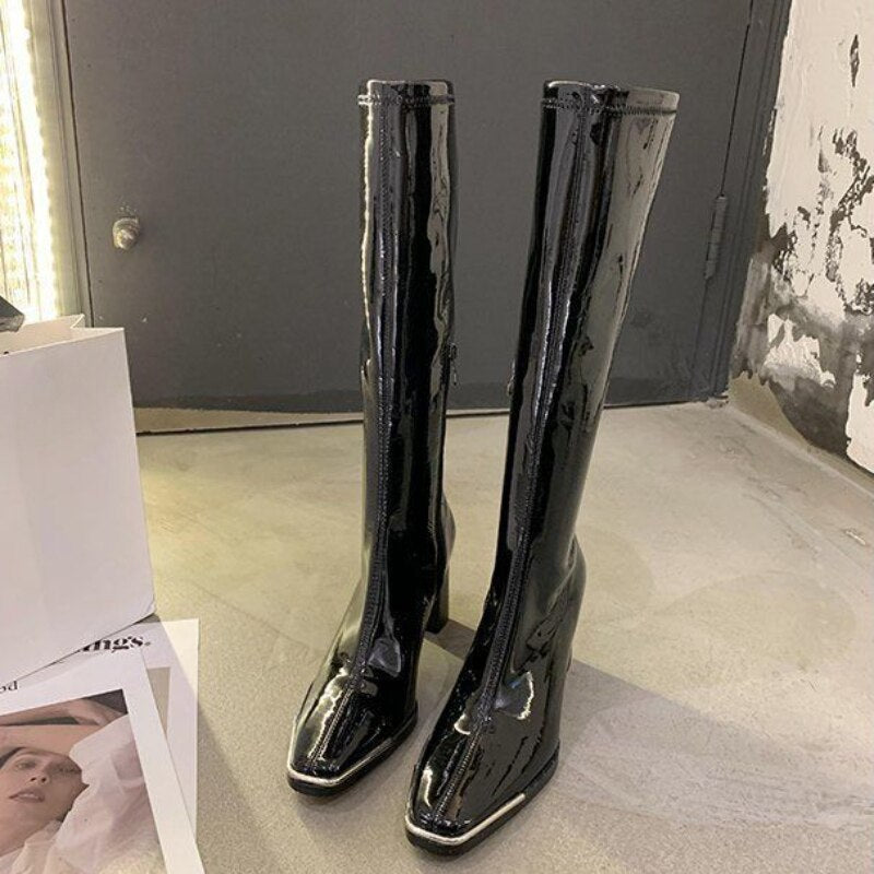 Ladies Boots Long Footwear Winter Knee High Shaft Shoes for Women Very Heel Square Toe Platform Trend  Waterproof Y2k Pu New