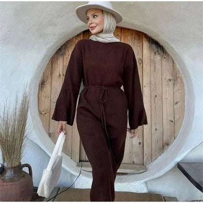 Women Elegant Long Sleeve Solid Knitted Dresses Autumn Chic O-neck Lace Up Maxi Robe Female Fashion Casual Warm Dress