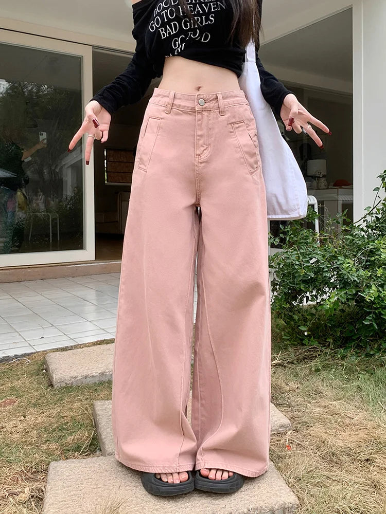 lovwvol   Women's Pink Wide Leg Jeans American Fashion Vintage High-waisted Loose Straight-leg Trousers Streetwear Y2k clothes