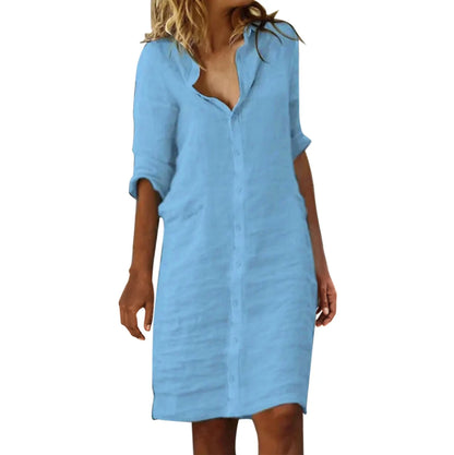 lovwvol Vintage Cotton Linen Shirt Dresses for Women Summer Half Sleeve Loose Lapel Dress Ladies Casual Holiday Knee Length Dress Robe