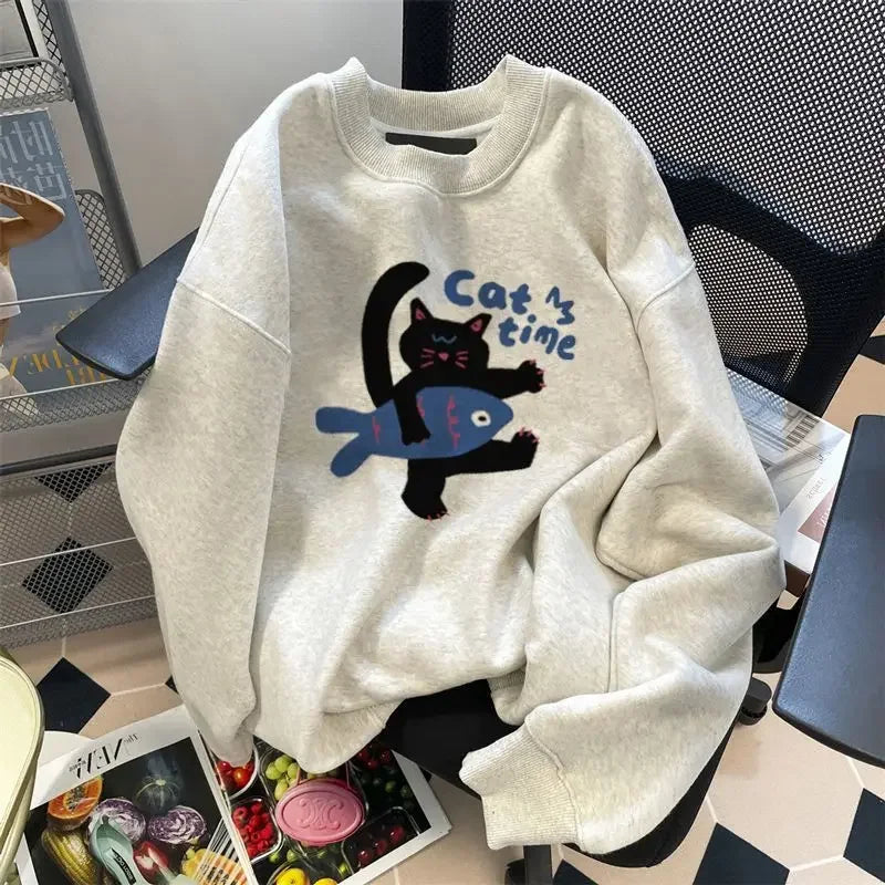 lovwvol  -  Kawaii Cat Print O-Neck Sweatshirt For Women Casual Women clothing Autumn And Winter Oversized hoodies Harajuku plush top