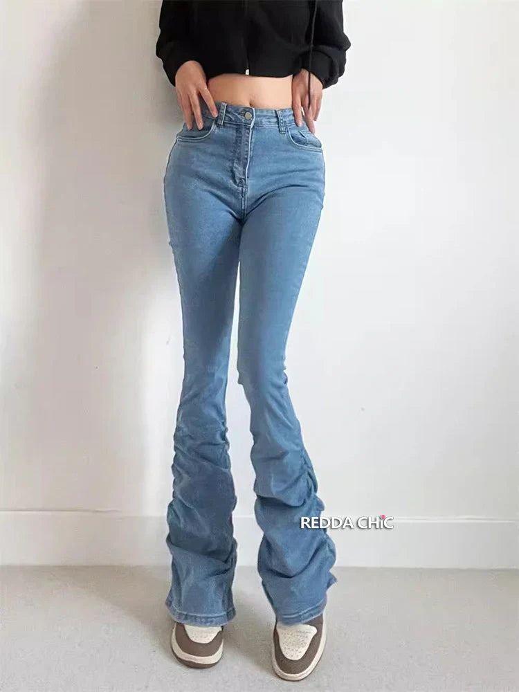 lovwvol Retro Y2k Women Stacked Flare Jeans Casual Plain Slim Fit Ruched Bootcut Pants High Rise Troursers Rokku Grayu Clothes