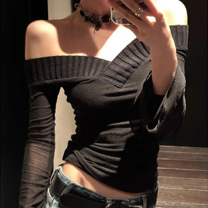 lovwvol  -  Y2k Aesthetic Bottoming Crop Tops Streetwear Harajuku Women Vintage T-shirt V Neck Knitted Patchwork Tees Trendy All Match