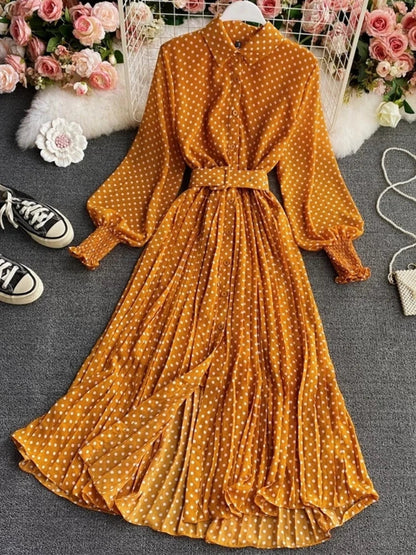 lovwvol Spring Autumn Women Vintage Maxi Party Dress Long Sleeve Orange Polka Dot Pleated Evening Black Vestidos Femme Fashion Robe New