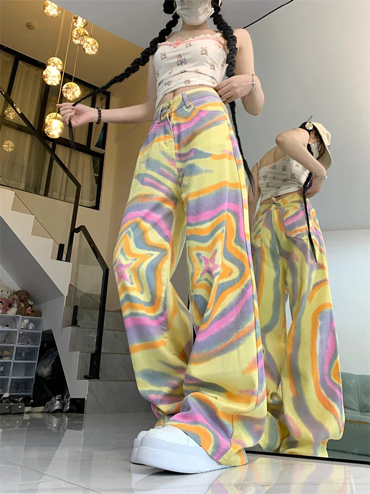 lovwvol Women's Star Tie Dye Pattern Design Thin Pants Young Girl Summer Street New Bottoms Casual Female Straight Trousers