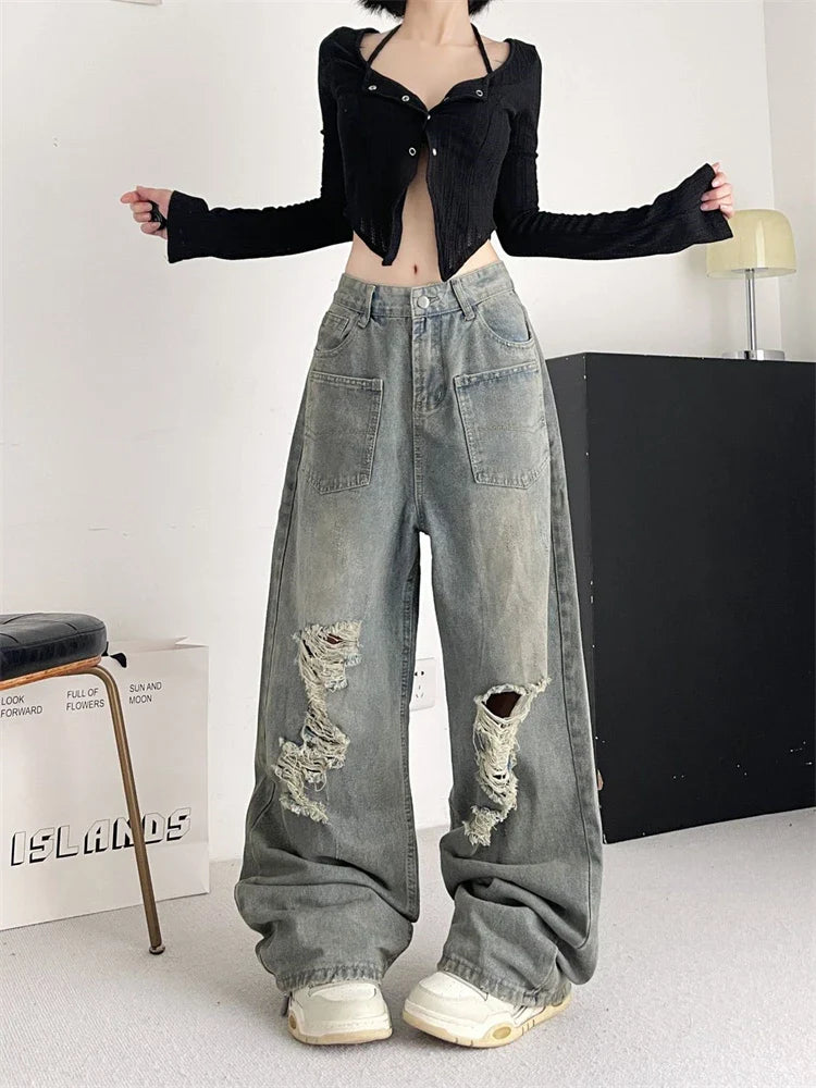 lovwvol Women's Pocket Splicing Holes Unisex Jeans Summer Denim Trousers Young Girl Street Bottoms Female High Waisted Pants