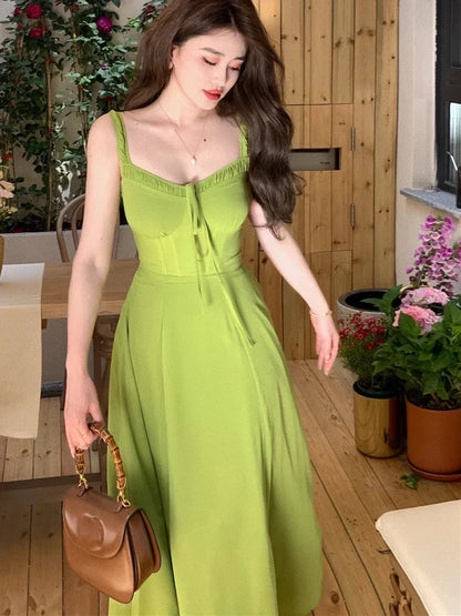 Summer Elegant Women Sweet Party Midi Holiday Dresses Casual Female Lace Up Robe