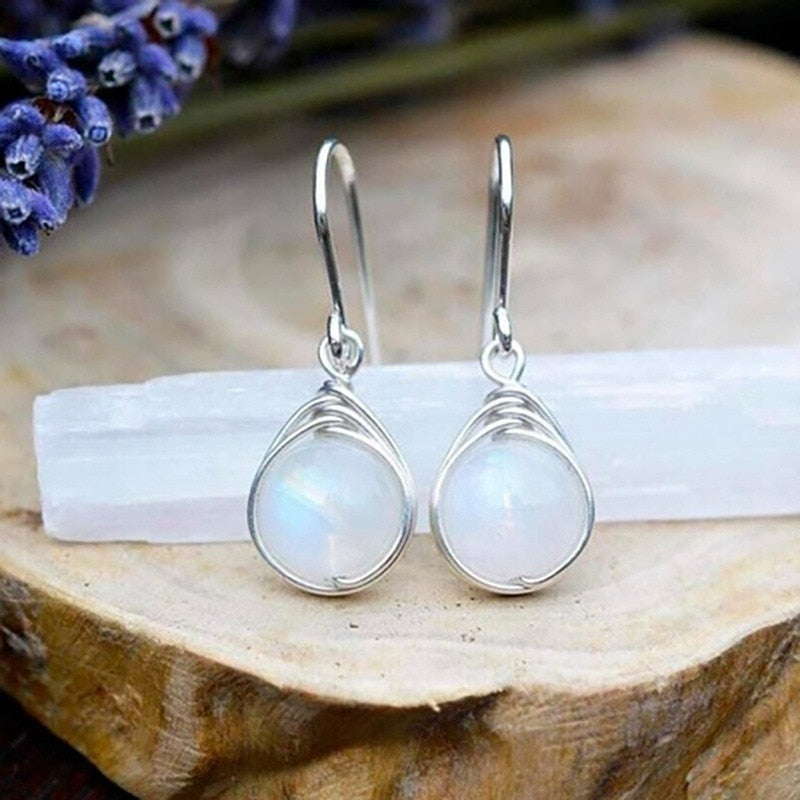 Exquisite Round Moonstone Hook Earrings Simple Fashion Metal Silver Color Engagement Wedding Dangle Earrings for Women