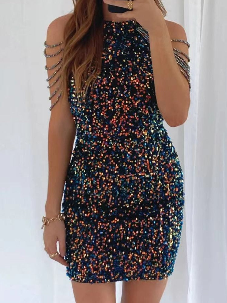 Elegant Chain Sequin Bikini Dress Summer Women Fashion Hollow Off Shoulder Skinny Dress Summer Sleeveless Cover-ups Party Dress