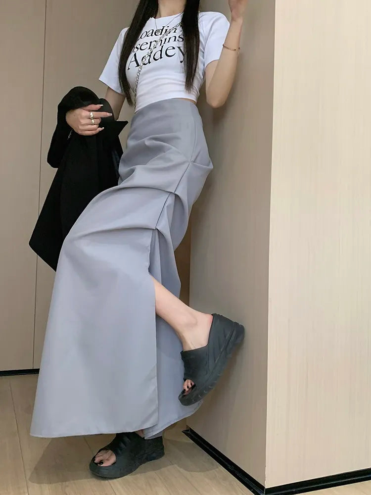 High Waist Split Women Skirts Y2k Aesthetic  Spring Solid Irregular Harajuku Skirt Slim All Match Casual Fashion Faldas