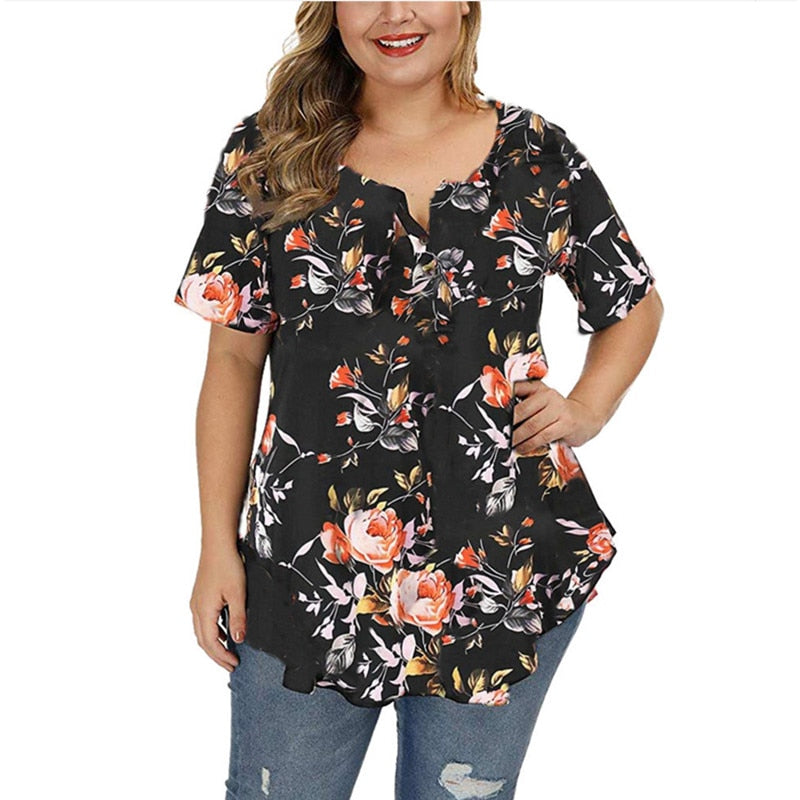 5XL Casual Summer T Shirt Women Boho V-Neck Print Floral Tshirt Plus Size Short Sleeve Leopard Tops Oversize Button Tee Top