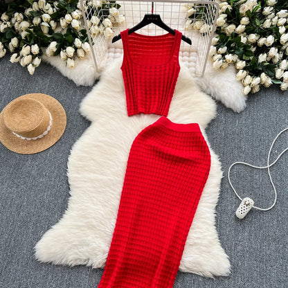 lovwvol Summer Women Fashion Skirt Set Sexy Sleeveless Tank Tops High Waist Slim Long Saya Female Two Piece Suits Knit Solid Clothes