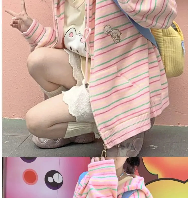 Kawaii Sweet Harajuku Knitted Cardigan Japanese Fashion Y2k Striped Cute Cartoon Embroidery Sweater Soft Gril  Chic