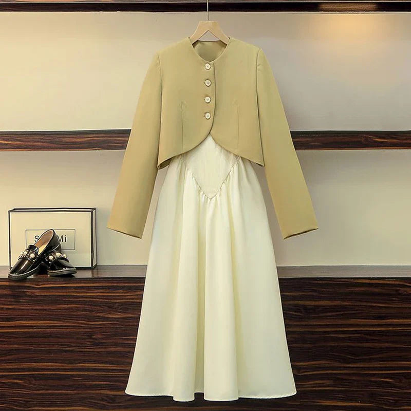 Women Dress Sets Chic Elegant Office Lady Outfits 2 Piece Long sleeves Crop Blazer +Spaghetti Strapless Camisole Dress Suits Ins