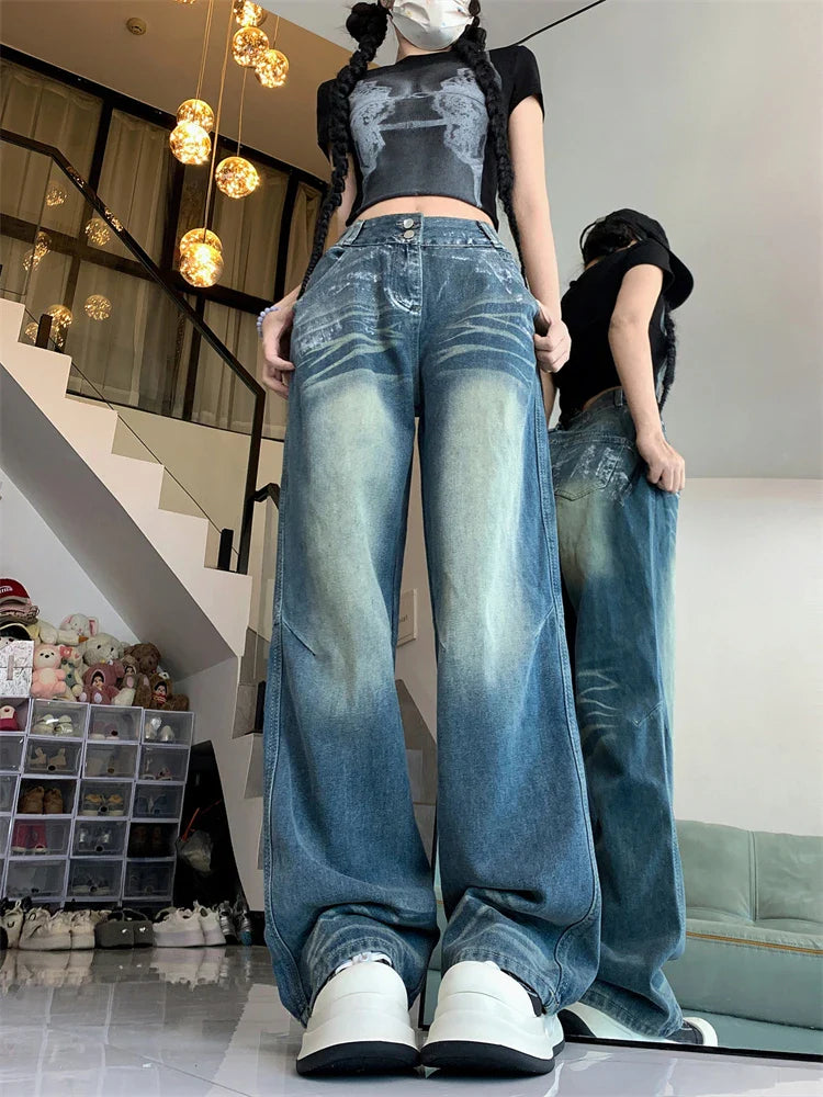 lovwvol Women's Retro Dirty Blue Thin Jeans Young Girl Summer Street Style Straight Bottoms Vintage Casual Trousers Female Wide Leg Pant