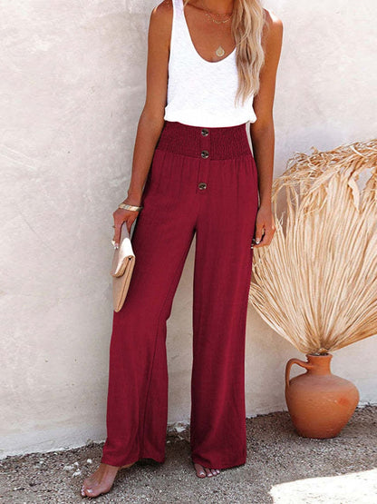 Spring Autumn Button Wide Leg Pants Women Solid Casual Cotton Linen Long Pants Elegant Female Slim Straight Thin Trousers