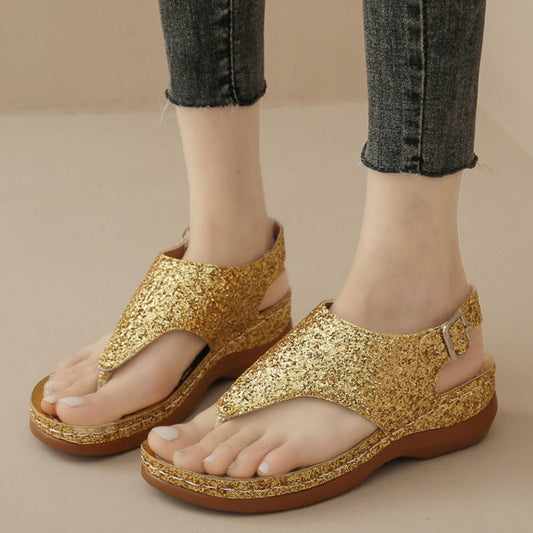 lovwvol Luxury Gold Sequins Wedges Sandals Women 2023 Summer Clip Toe Platform Sandels Woman Plus Size 43 Casual Heeled Summer Shoes