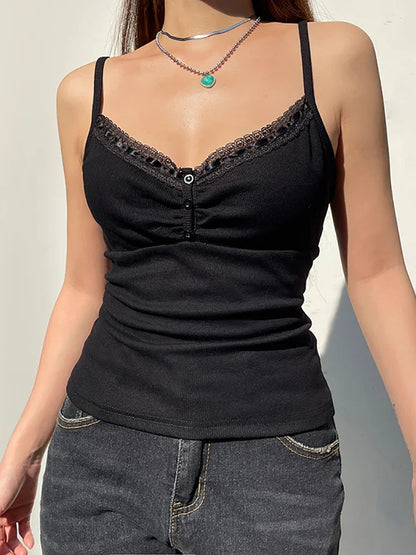 V-neck Sexy Basic Black Women Camis Grunge Style Emo Button Up Casual Crop Tops Y2k Lace Trim Ruched Alt Clothes