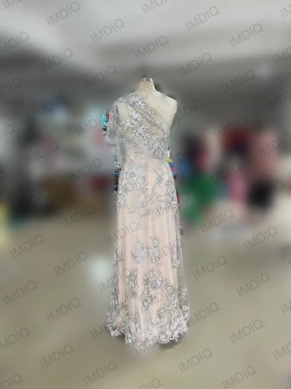 Elegant Sliver Lace One Shoulder Mother Of The Bride Dress Appliques Floor Length Dresses For Prom Party