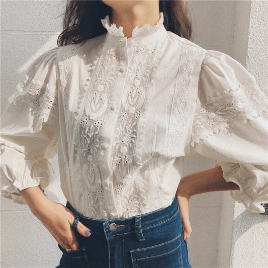 lovwvol Vintage Floral Embroidery Lace Blouses Shirts Women Cotton Linen Lantern Sleeve White BLouse Shirt Tops Boho Blusas