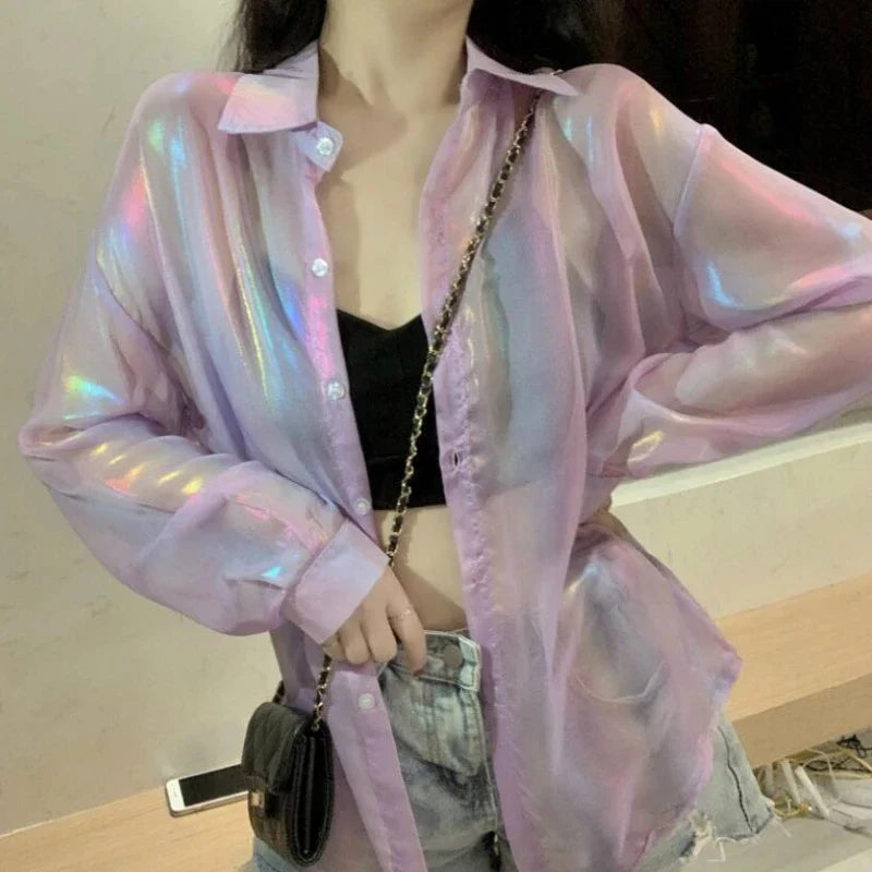 lovwvol Transparent Blouse with Sequins Button Up Shirt Women Y2k Sexy Beauty Sheer Top Night Club Beach Girls Summer Clothes