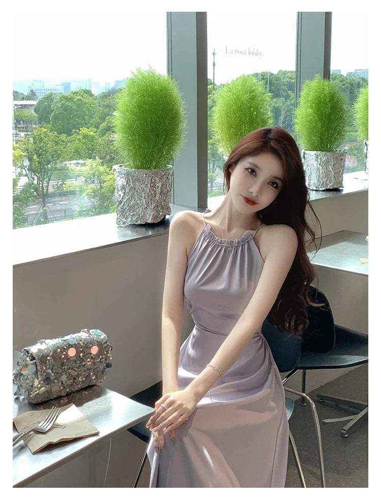 Summer Elegant Backless Satin Midi Dresses for Women Korean Fashion Sleeveless Slim Evening Party Female Casual Clothing