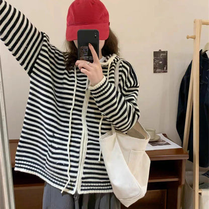 Contrast Color Striped Fashion Casual  Hooded Cardigans Autumn Sweet Sweaters Y2k Aesthetic All Match Women Dual Zippers Tops