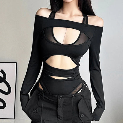 Cyber Y2k Punk Hollow Out Sexy Bodysuits Mall Gothic Bodycon Mesh Sheer T-shirts Women Long Sleeve Patchwork Bodysuit