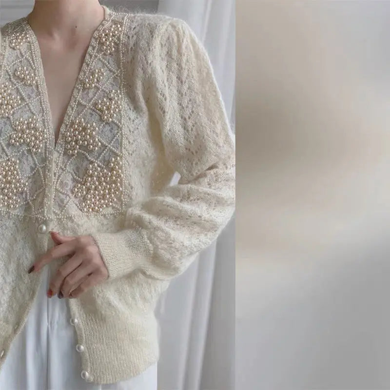 lovwvol New Autumn Pearls Embroidery Cardigans Vintage V Neck Long Sleeve Oversize Gentle Cardigan Sweet Hollow Out Sweater