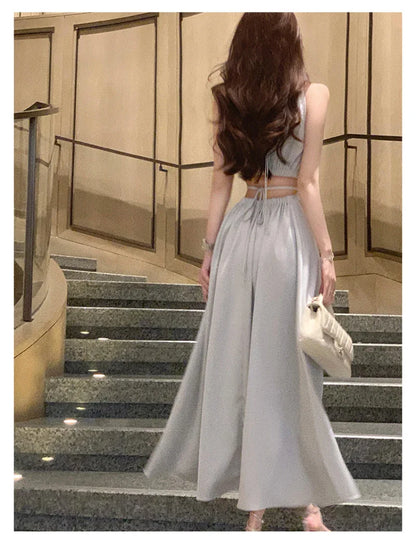 Summer Elegant Backless Satin Midi Dresses for Women Korean Fashion Sleeveless Slim Evening Party Female Casual Clothing