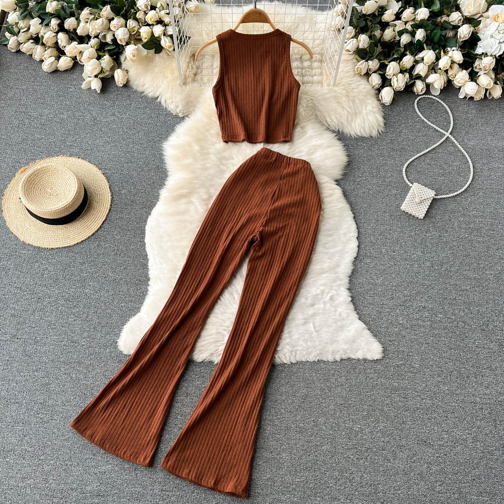 lovwvol Women Casual Pants Set Fashion Bodycon Slim Short Tank Top +Striped Wide Legs Long Pants Solid Summer Two Piece Suit