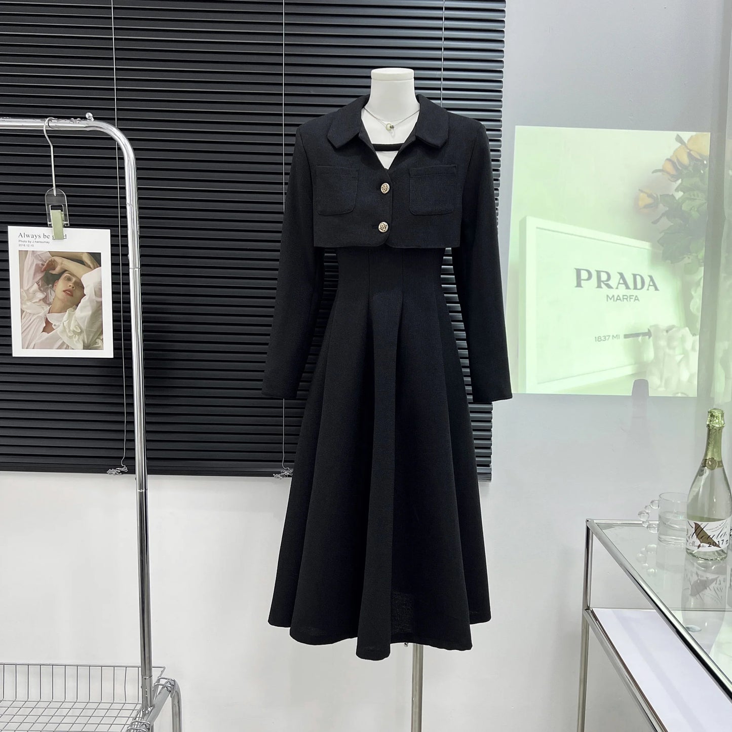 Vintage College Style Cropped Blazer Two Piece Dress Sets Women's Short Jacket Coat +Strapless Sling Slim Mid Dress Suits Female