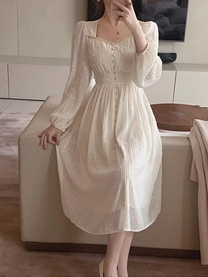 Summer New Women Fashion Elegant White Midi Dresses Vintage Princess Female Party A Line Clothes Prom Robe Vestdios