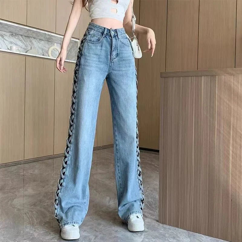 lovwvol Women's Side Hollowed Out Design Blue Jeans Streetwear Denim Trousers Vintage Female Fashion Baggy Pants Street Clothes