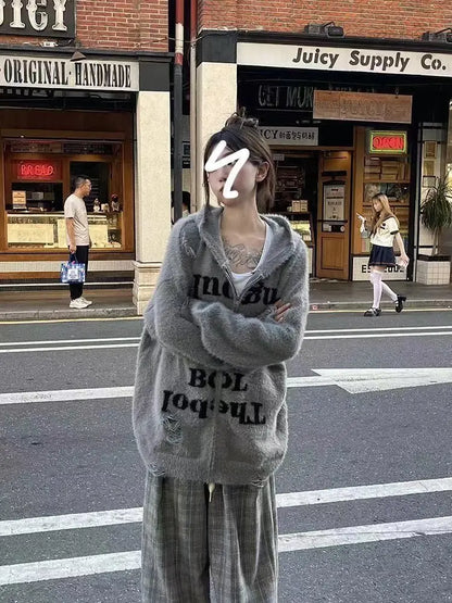 lovwvol  -  Y2k Vintage Streetwear Hollow Out Coats Knitted Grunge Loose Letter Print Hole Hoodies All Match Casual Harajuku Women Cardigans