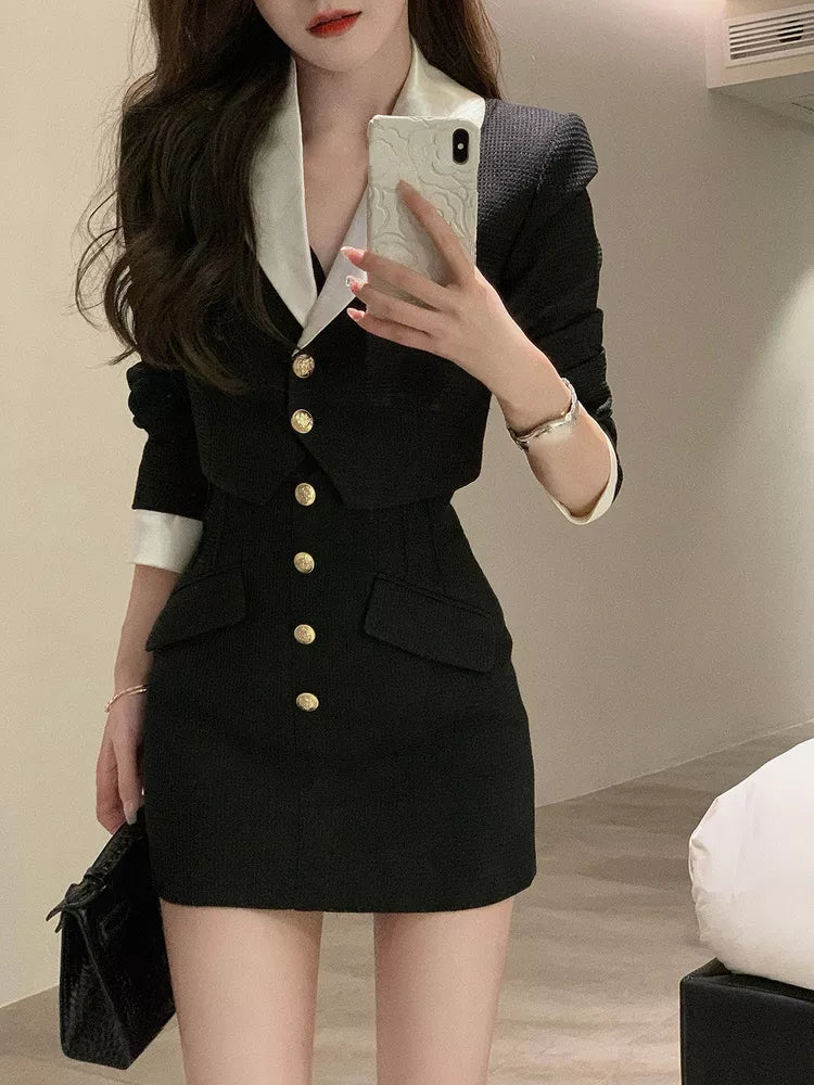 lovwvol Black Y2k Mini Skirt Set Women Casual Korean 2 Piece Dress Set Crop Tops Jacket Tops + Short Skirts Elegant Suit Autumn New