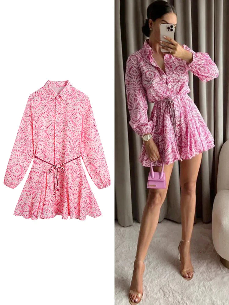 Women's Fashion Paisley Floral Printed Belt Mini Shirt Dress Elegant And Sweet Dresses Sexy Long Sleeve Dresses