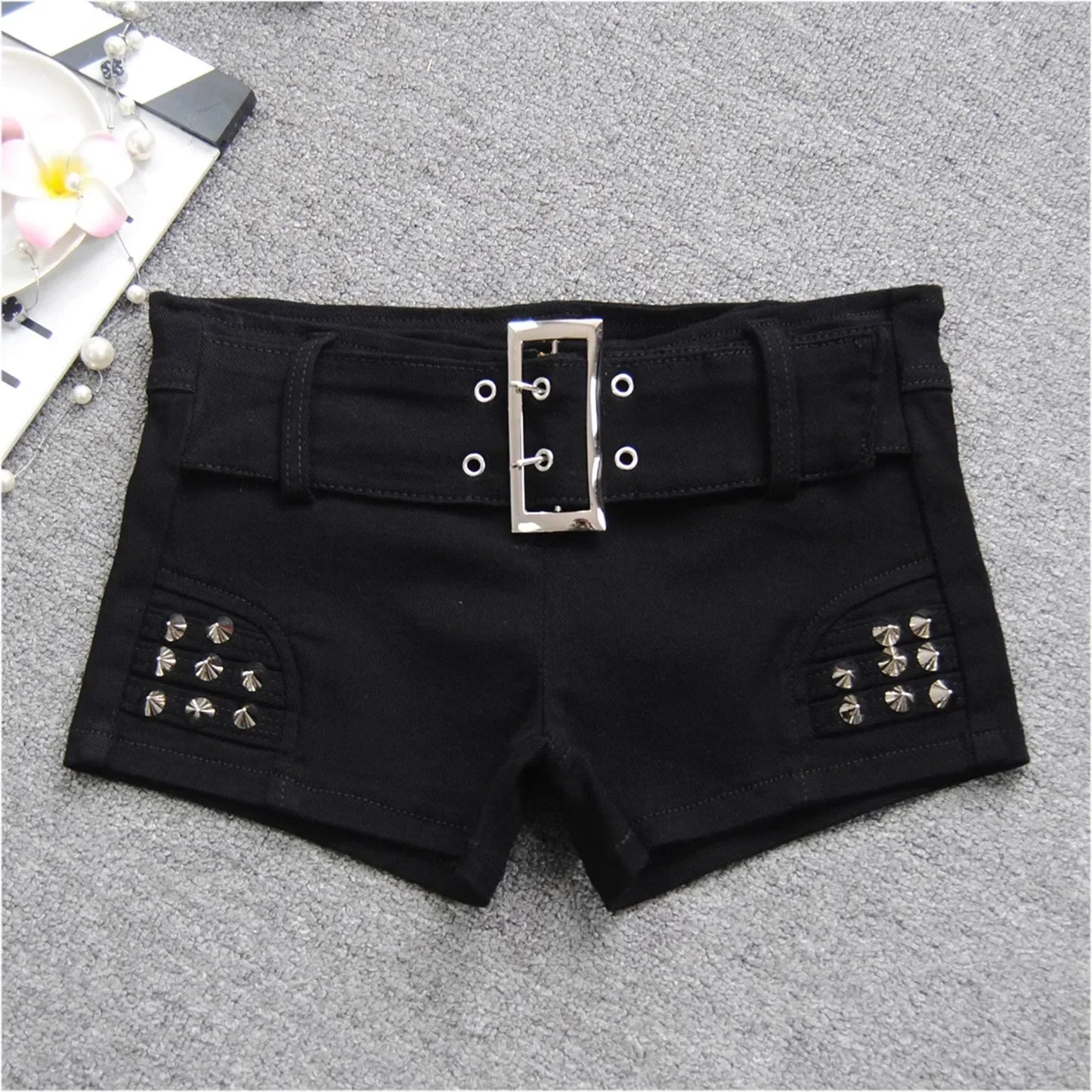 lovwvol  -  Black Spicy Girl Low Waist Denim Shorts Women Summer New Fashion Studded Bead Rivet Nightclub Sexy Slim Short Hot Pants Women