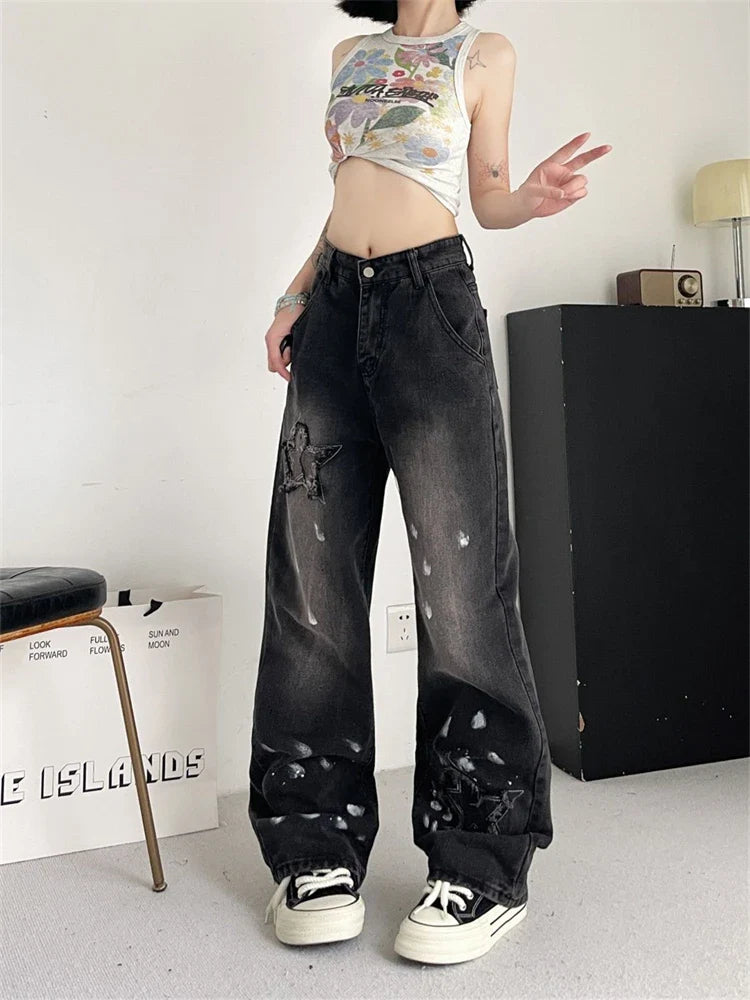 lovwvol Women's Star Splash Ink Design Unisex Jeans Street Summer Trousers Young Girl Street Bottoms Female High Waisted Denim Pants