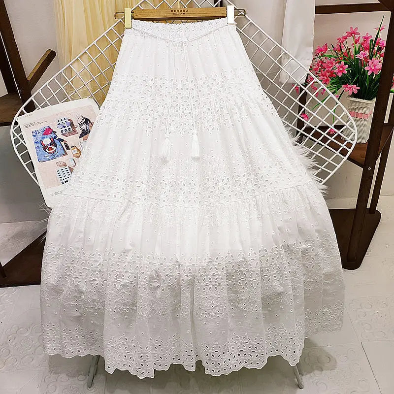 lovwvol Hollow Out Embroidery Cotton Lace Skirts for Women Vintage High Waist Ruffles Long Skirt Casual A-line Boho Falda Summer