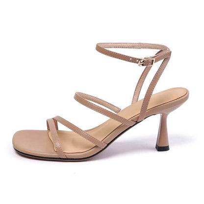 lovwvol New Ankle Strap Sandals Summer Women Sexy Party Lady Open Toe High Heels Fashion Woman Beige Apricot One Word Buckle Sandal