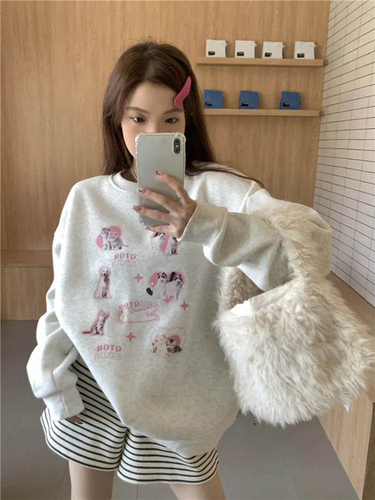 Cute Hoodies Women Letter Dog Print Sudaderas Mujer O-neck Sweatshirt Harajuku Streetwear Y2k Pullover Moletom Feminino