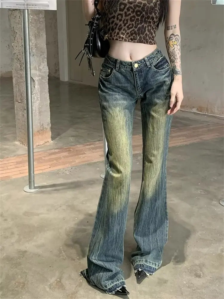 lovwvol  -  Y2K Fashion Letter Embroidery Vintage Blue Flare Jeans Pants For Women Clothes Korean Casual Lady Denim Trousers Ropa Mujer