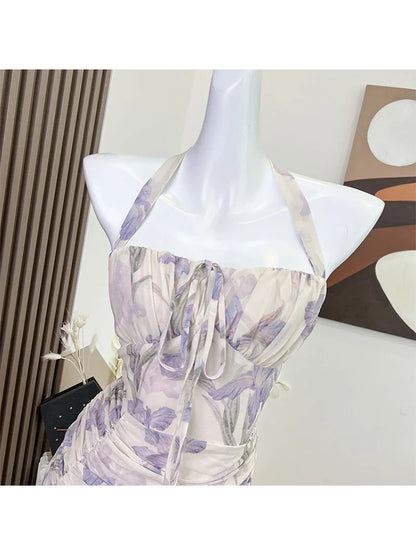 Purple Floral Dress for Women Summer New Neck-mounted Suspender Frocks A-line Sleeveless High Waist Ruffle One-Piece Streetwear