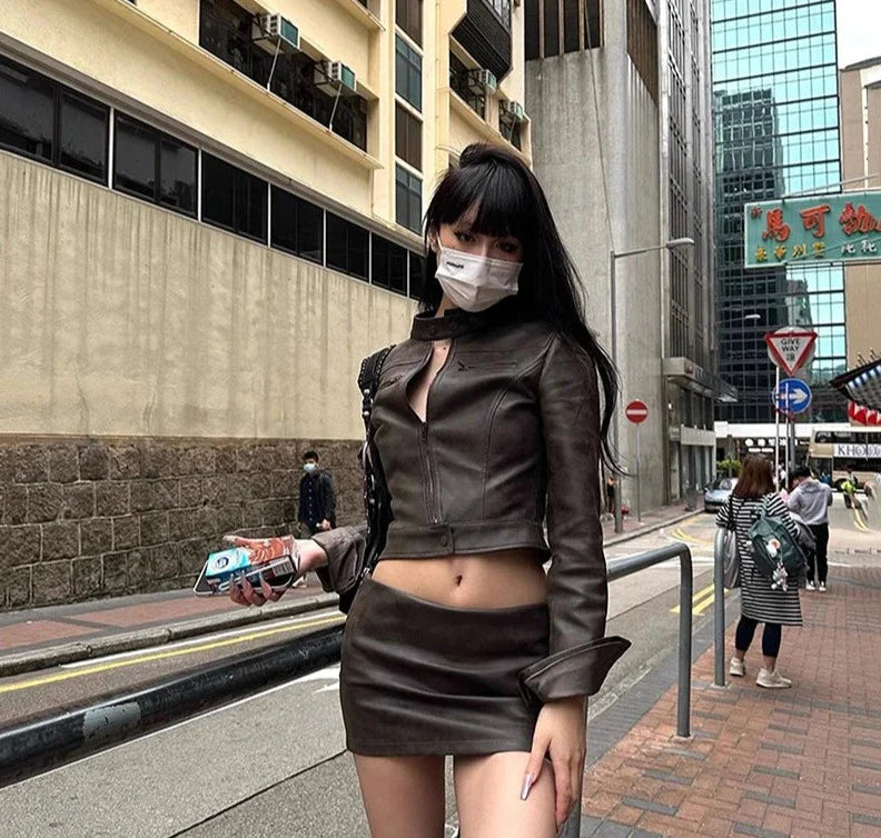 lovwvol Street Retro Brown Leather Jacket Coat Short Bomber Female Collar Cyberpunk Y2k Women Outerwear Acubi Fashion Clothes