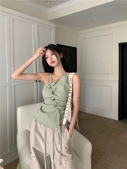 lovwvol Summer Korean Bandage Off Shoulder Tanks Y2k Crop Tops Irregular Blouse Casual Elegant Fashion Tees Sweet Women Camisole